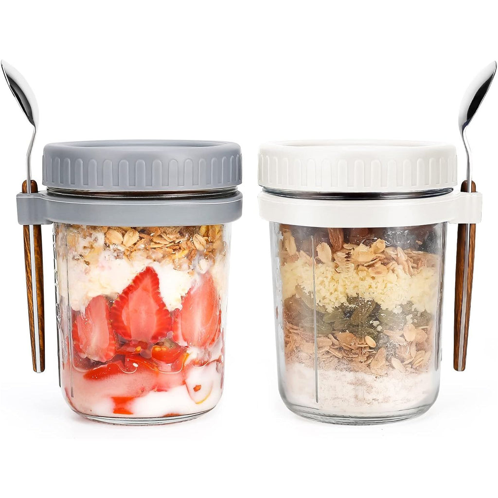 2 Stuks - Ontbijt Reispotjes Met Lepeltjes  - Overnight Oats Potjes  - Glazen Container met Deksel en Lepel - BPA-vrije Oatmeal Bewaarpot - 473ml - Voor Ontbijt, Granen, Salades, Groenten en Fruit - Inclusief Maatstrepen - Kleur Wit en Grijs