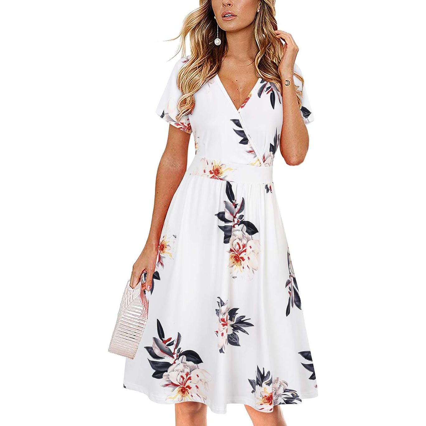Dames Zomerjurk - Jurk voor de Zomer met Korte Mouwen - Wikkeljurk met V-hals en Zakken - Knielengte Jurk met Zakken - Zomerse Kleding voor Vrouwen - Zomerjurk met Zakken - Vrouwelijke Jurk met Zakken - Zomerjurk met Korte Mouwen