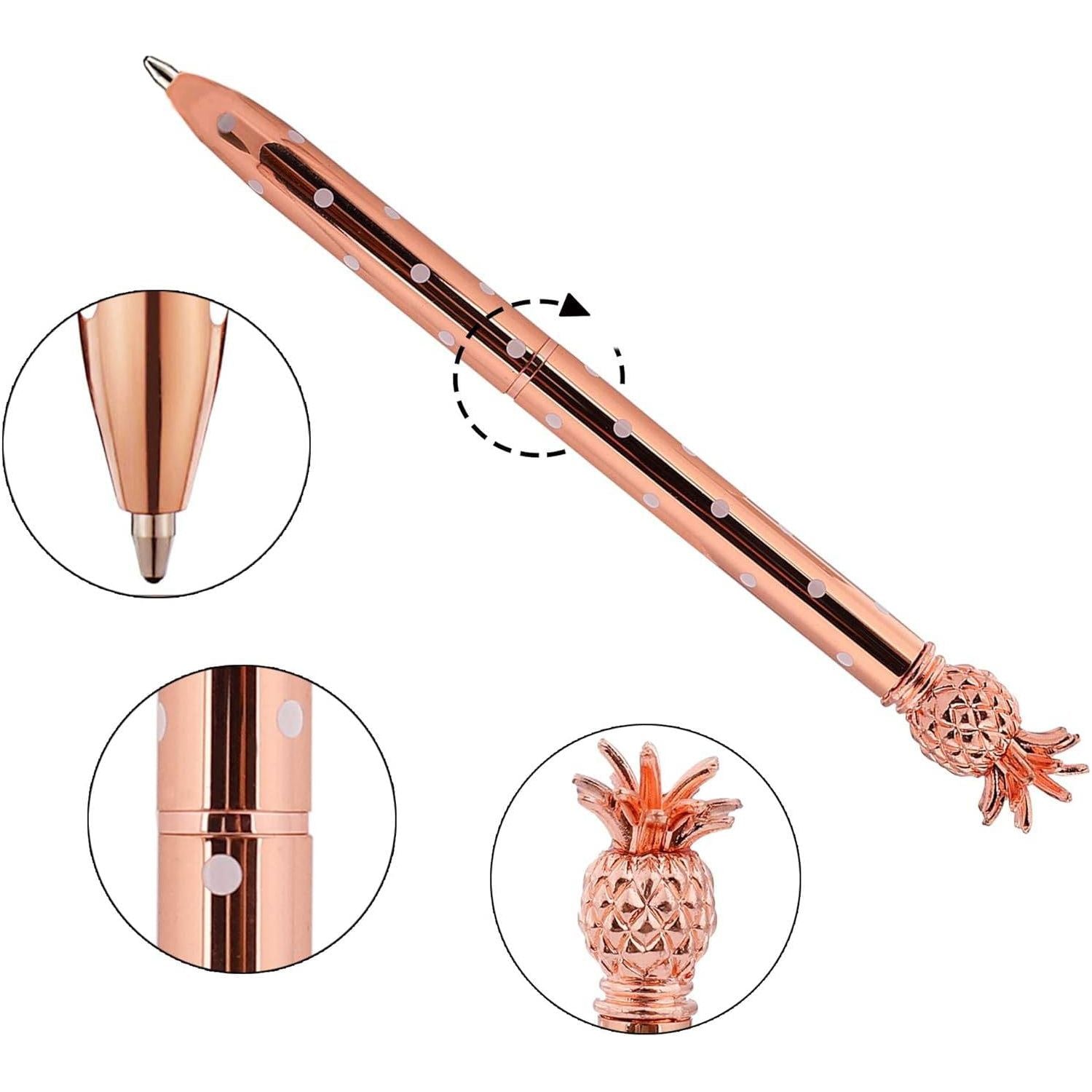 4-Delige Set Elegante Ananas Balpennen - Roosgoud Metalen Uitvoering - Perfect voor Kantoor en School - Vloeiend Schrijven met 1.0 mm Zwarte Inkt - Stijlvolle Schrijfaccessoires