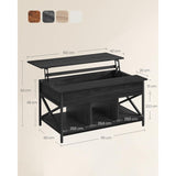 Salontafel Met Verhoogbaar Tafelblad – Industriële Koffietafel Met Open Vakken En Verborgen Opbergruimte – 100 x 60 cm – Verstelbare Tafel Voor Woonkamer – Zwart Stalen Frame Met X-Design – Houtlook Tafelblad In Houtskoolgrijs