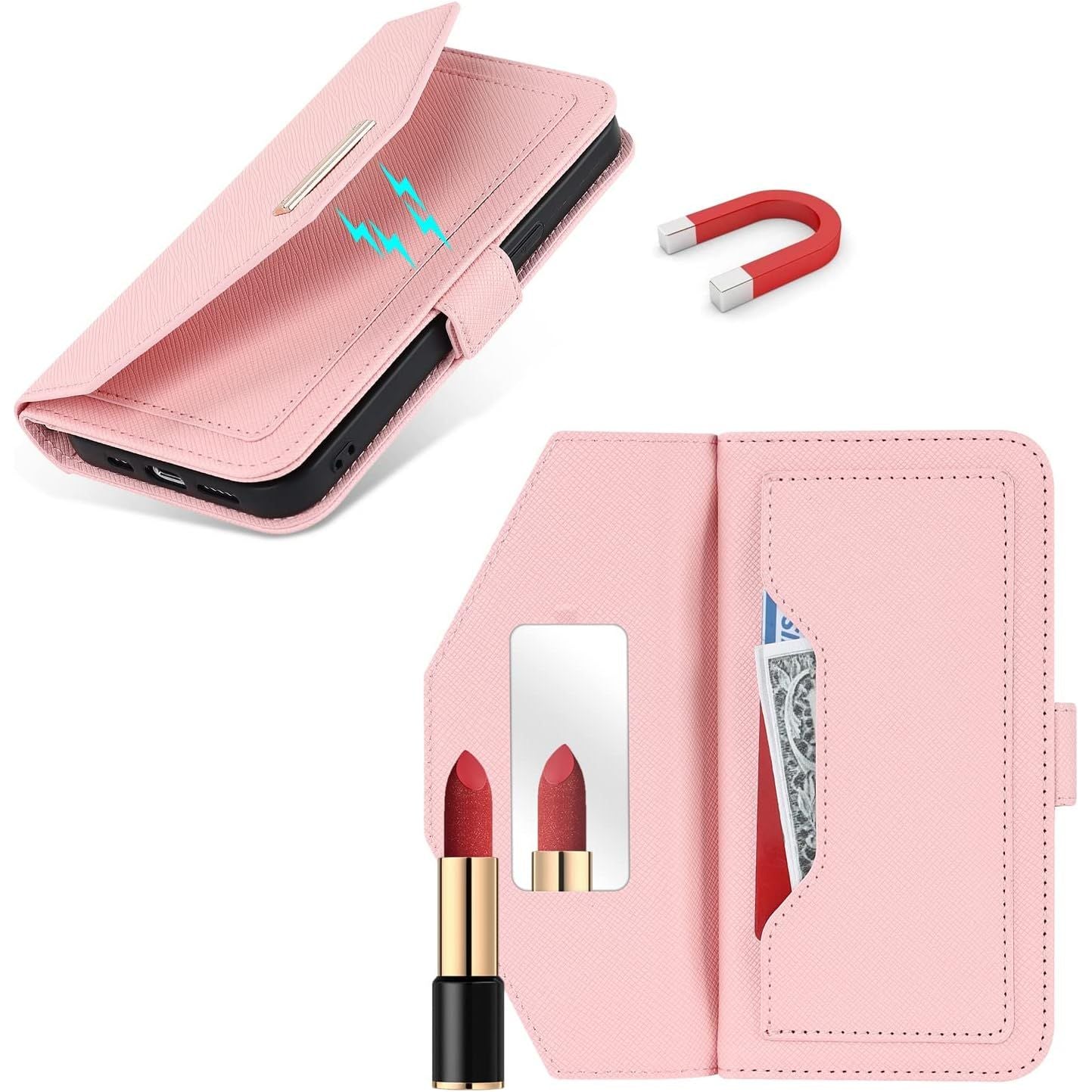 Mobiele telefoon ketting - iPhone 14 Pro Max hoesje met riem - Flip leren portemonnee telefoonhoes - Spiegelfunctie - Met 5 kaartsleuven - Magnetische sluiting - Beschermende flipcase voor iPhone 14 Pro Max - Roze
