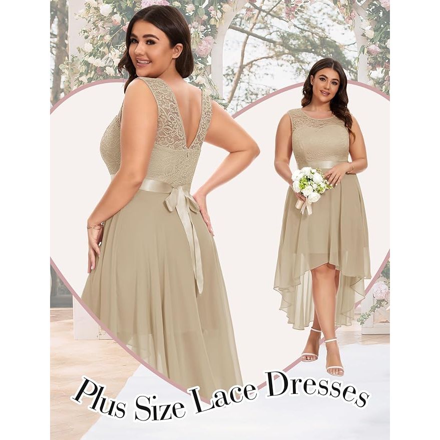 Elegante Mouwloze Hi-Lo Jurk – Kant en Chiffon Cocktailjurk – A-Lijn Galajurk met Ronde Hals – Champagnekleurig
