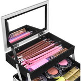 Luxe Cosmeticakoffer - Beautycase - Sieradenkoffer - 23x15x18 cm - Zilver - Aluminium Frame - Met Spiegel en Uittrekbare Trays - Draagbaar en Stofbestendig - Ideaal voor Reizen en Make-up Studio's