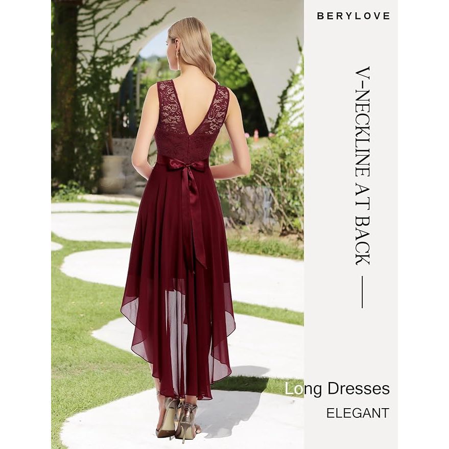Elegante Asymmetrische Cocktailjurk – Mouwloze Chiffon Avondjurk met Kant – Perfect voor Bruiloften, Feesten en Formele Gelegenheden - Wijn Rood