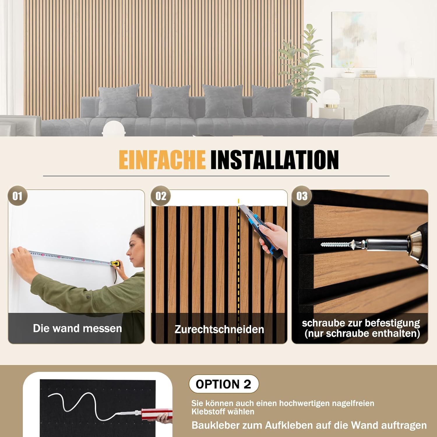 2 stuks houten akoestische wandpanelen – 3D lattenwand eiken look – 120 x 60 cm per paneel – geluidsabsorberende muurpanelen – decoratieve wandbekleding voor woonkamer, kantoor of studio – houten wandpanelen met schroeven