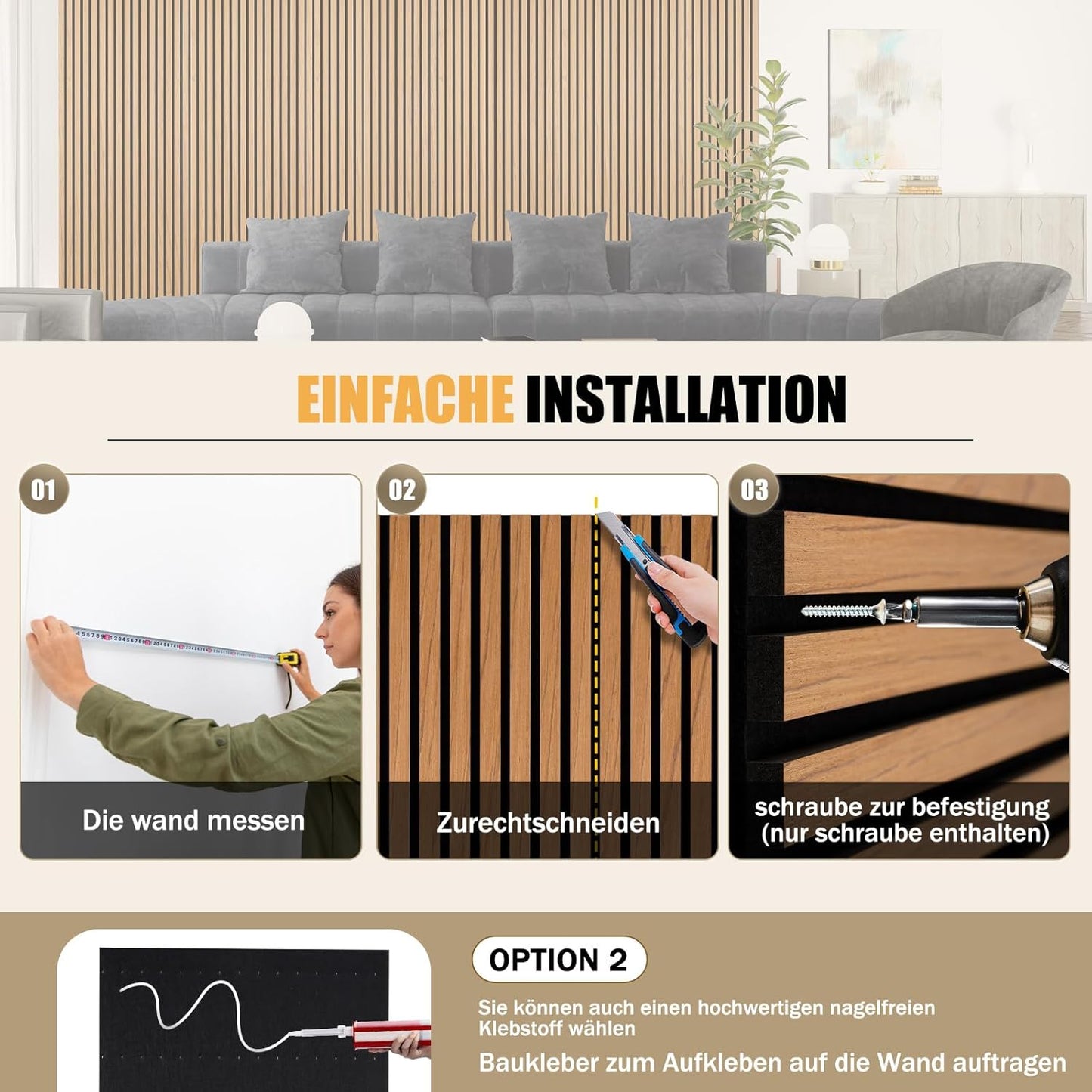 2 stuks houten akoestische wandpanelen – 3D lattenwand eiken look – 120 x 60 cm per paneel – geluidsabsorberende muurpanelen – decoratieve wandbekleding voor woonkamer, kantoor of studio – houten wandpanelen met schroeven