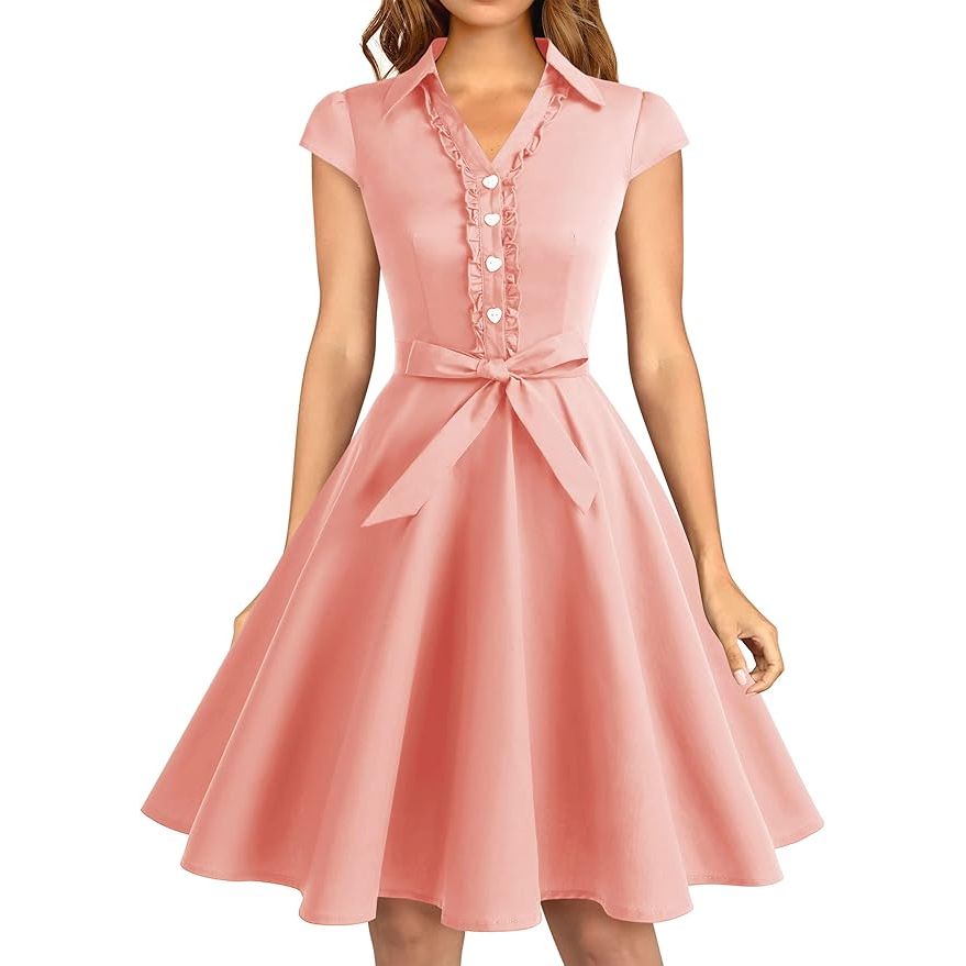 1950s Retro Swing Jurk voor Dames – Vintage Rockabilly Cocktailjurk – Met Capmouwtjes, V-Hals en Verwijderbare Riem – A-lijn Silhouet – Knielang – Perfect Voor Feestjes, Bruiloften, Proms en Themafeesten - Roze