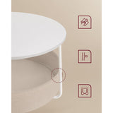 Ronde Salontafel Met Opbergmand – Moderne Bijzettafel Ø75 cm – Woonkamertafel Met Stoffen Mand 57.7L – Metalen Frame En Spaanplaat Tafelblad – Mat Wit En Kameelbruin – Opslagtafel Met U-Poten En Tijdloos Design