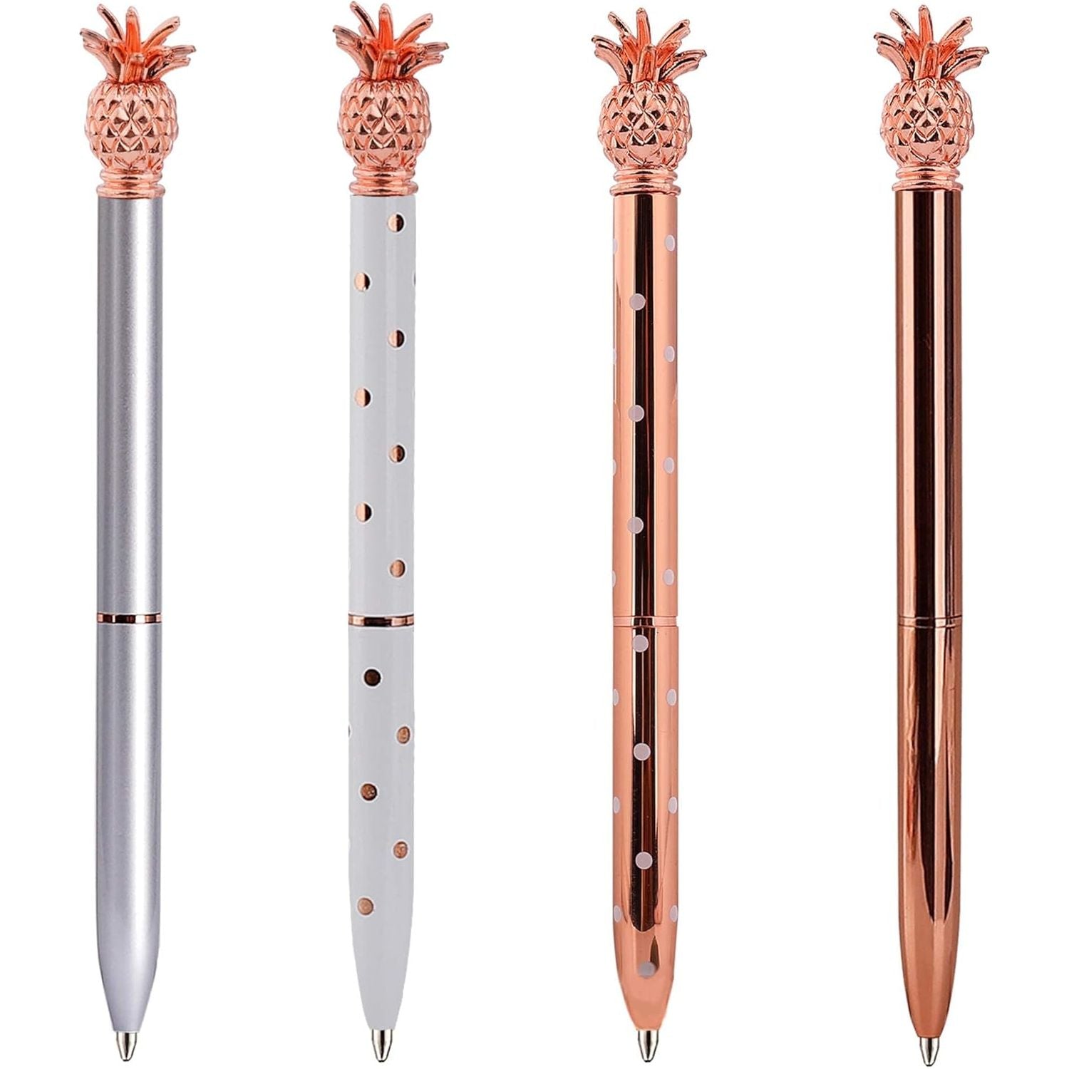 4-Delige Set Elegante Ananas Balpennen - Roosgoud Metalen Uitvoering - Perfect voor Kantoor en School - Vloeiend Schrijven met 1.0 mm Zwarte Inkt - Stijlvolle Schrijfaccessoires