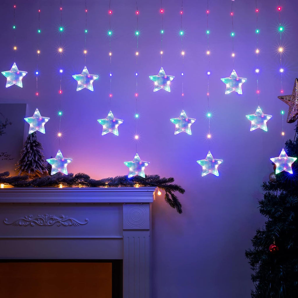 Lichtslinger met Sterren - 3 Meter Verlichte Snoer + 3M Aanloop Snoer - 120 Kleurrijke LED's, 12 Ster Hangers, USB-Aangedreven - 8 Knipperende Standen voor Kerst & Raamdecoratie - Energieklasse A+ - Gordijnverlichting