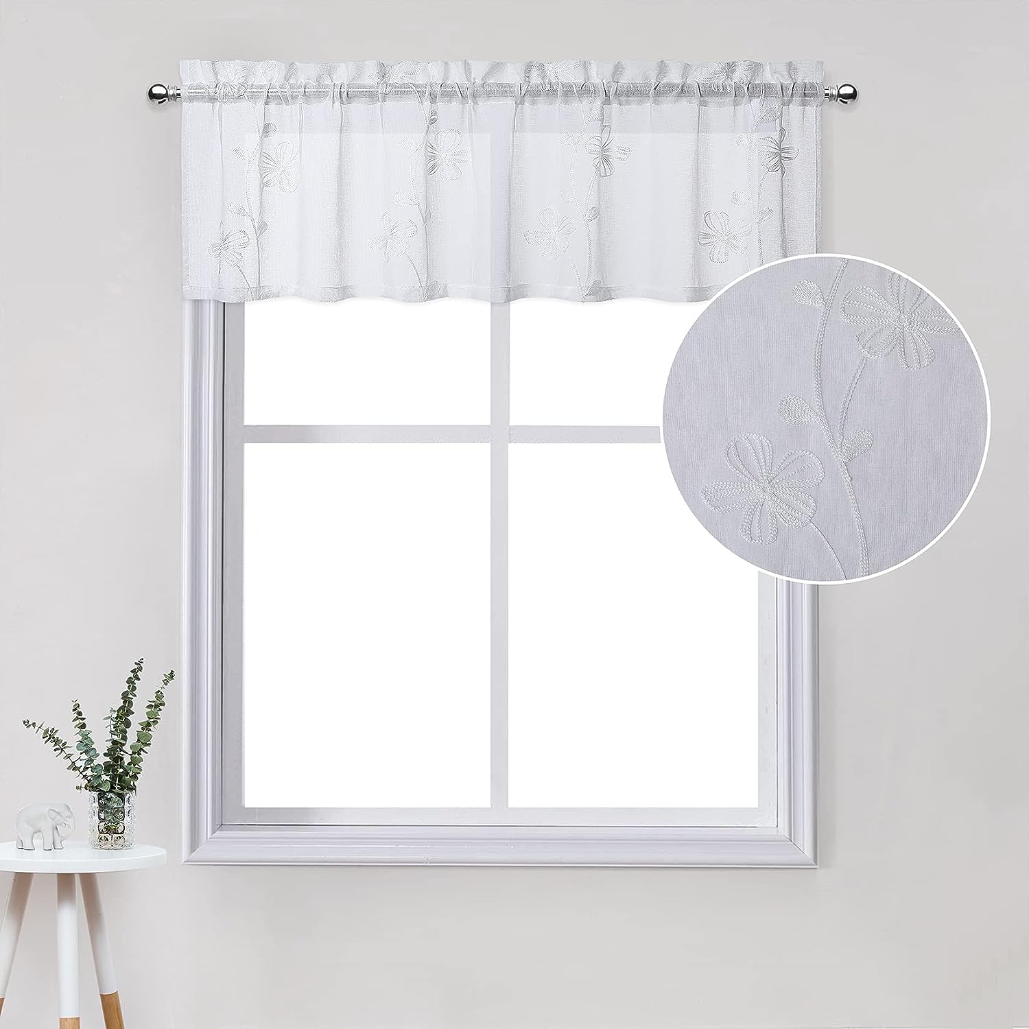 2-Pack Luxe Witte Valance - Semi-Transparante Raamdecoratie met Bloemenontwerp - Polyester Gordijn Voor Keuken & Badkamer - Stijlvolle Raamafwerking - Lichte & Elegante Raambekleding