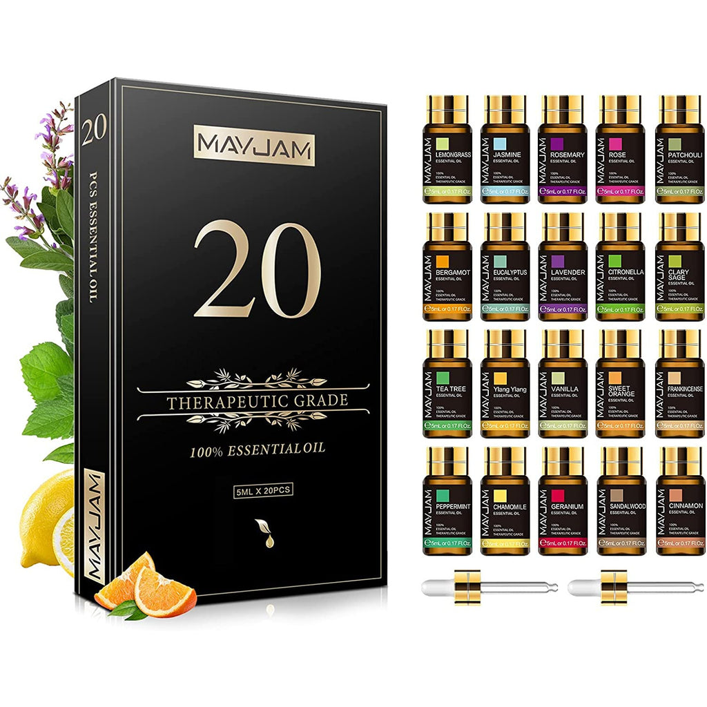 Luxe - MAYJAM Essentiële Oliën Cadeauset - 20 Stuks Pure Therapeutische Aromatherapie Oliën voor Diffuser, Luchtbevochtiger, Ontspanning, Massage, Huid- en Haarverzorging