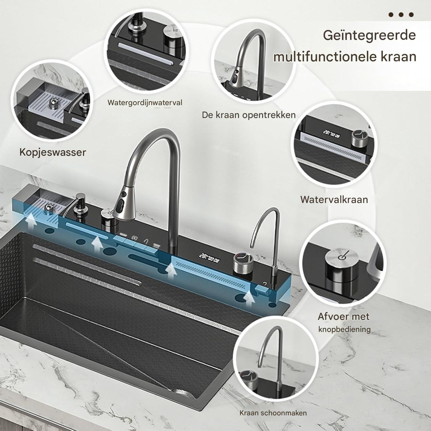 Zwarte Geïntegreerde Spoelbak – Luxe Werkstation Keukenspoelbak met Waterval, Kraan met Digitale Temperatuurweergave, Piano-schakelaarbediening en Volledige Accessoireset (68 cm)