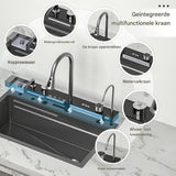 Zwarte Geïntegreerde Spoelbak – Luxe Werkstation Keukenspoelbak met Waterval, Kraan met Digitale Temperatuurweergave, Piano-schakelaarbediening en Volledige Accessoireset (68 cm)