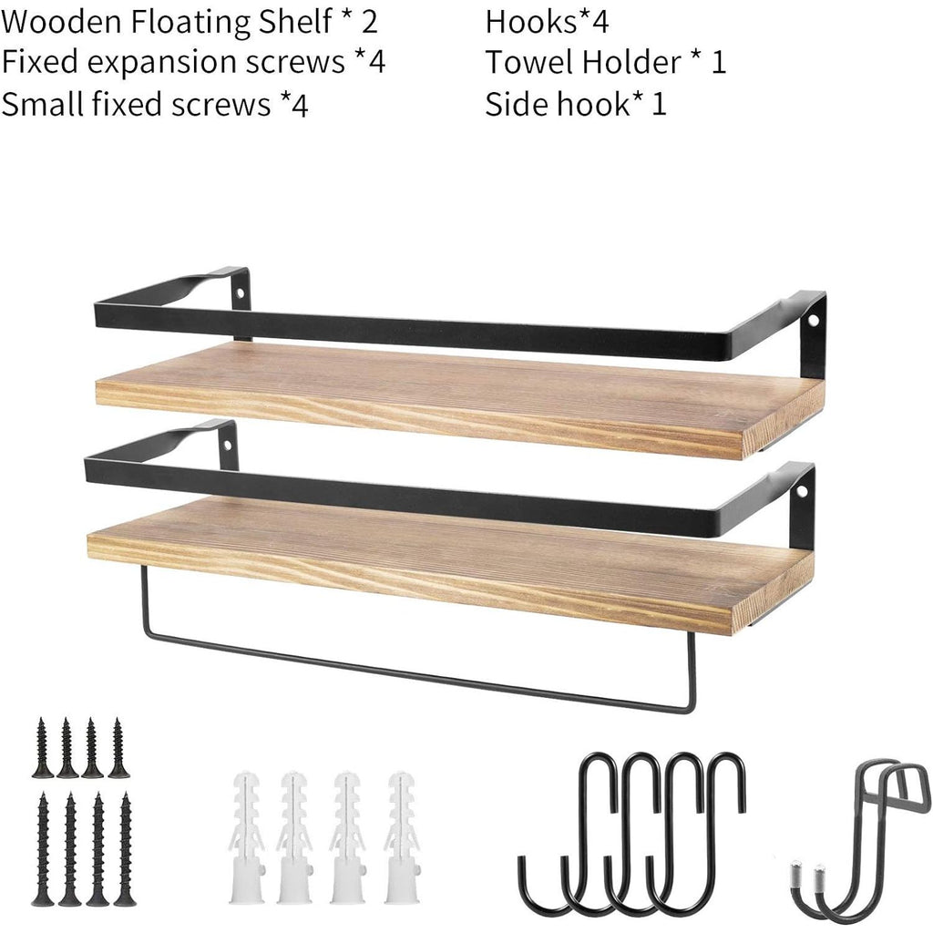 2 stuks- Multifunctionele Wandplank Set met Handdoekhouder en 8 Haken - Industriële Stijl - Geschikt voor Elke Kamer - Duurzaam en Stijlvol - 41cm - Bruin/Zwart