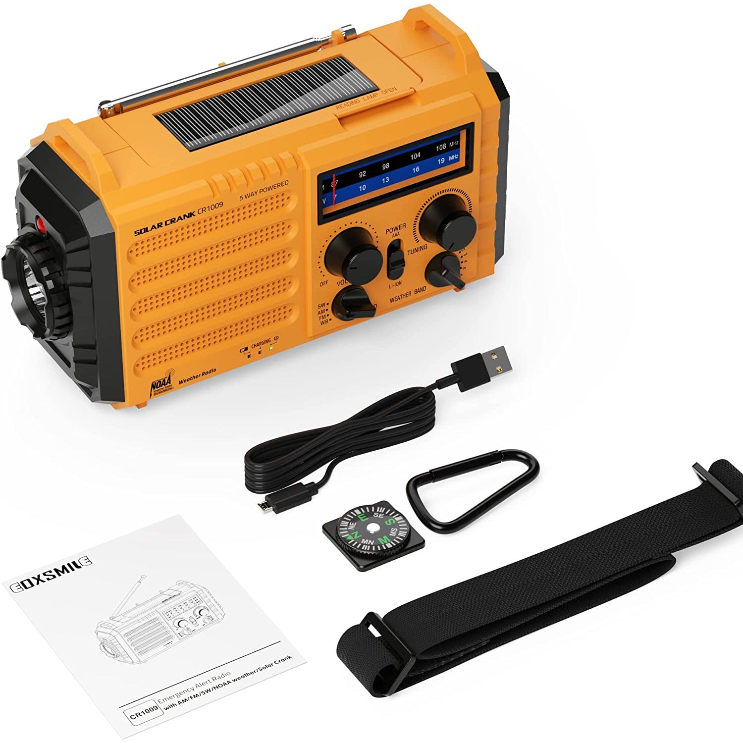 Multifunctioneel - Noodweer Radio met NOAA/AM/FM - Solar Handzwengel Radio - 5000mAh Oplaadbare Batterij - Draagbare Noodradio met LED Zaklamp - SOS Alarm voor Thuis of Noodgevallen - Geel