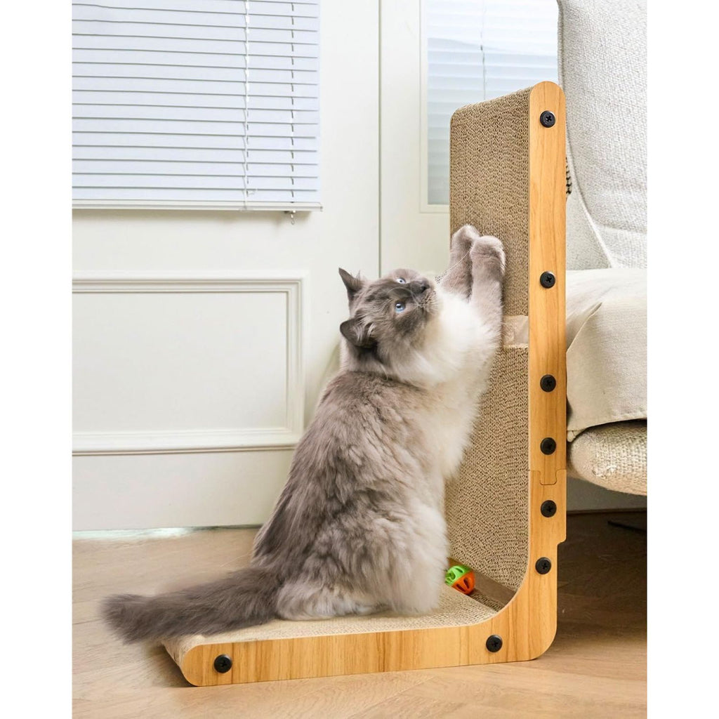 L-Vormige Krabpaal voor Katten – Kartonnen Krabplank met Houten Frame – Beschermt Muren &amp; Meubels – Inclusief 2 Speelballen – 60 x 39 x 25 cm