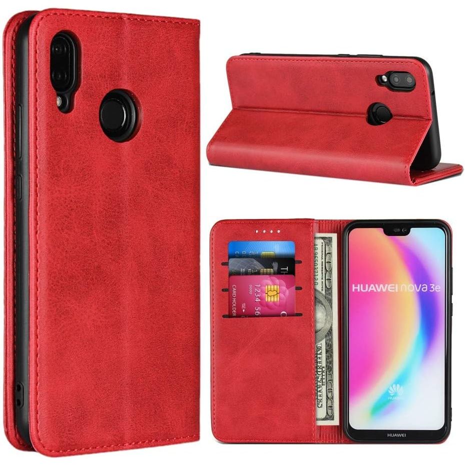 Huawei P20 Lite Hoesje - Runderleer Patroon - Echt Lederen Magnetische Book Wallet Case - Flip Cover met Kaartsleuven en Geldvak - Standhouder - Luxe Bescherming voor Huawei P20 Lite (5.84 inch) - Wijnrood - Duurzaam en Stijlvol - Premium Kwaliteit