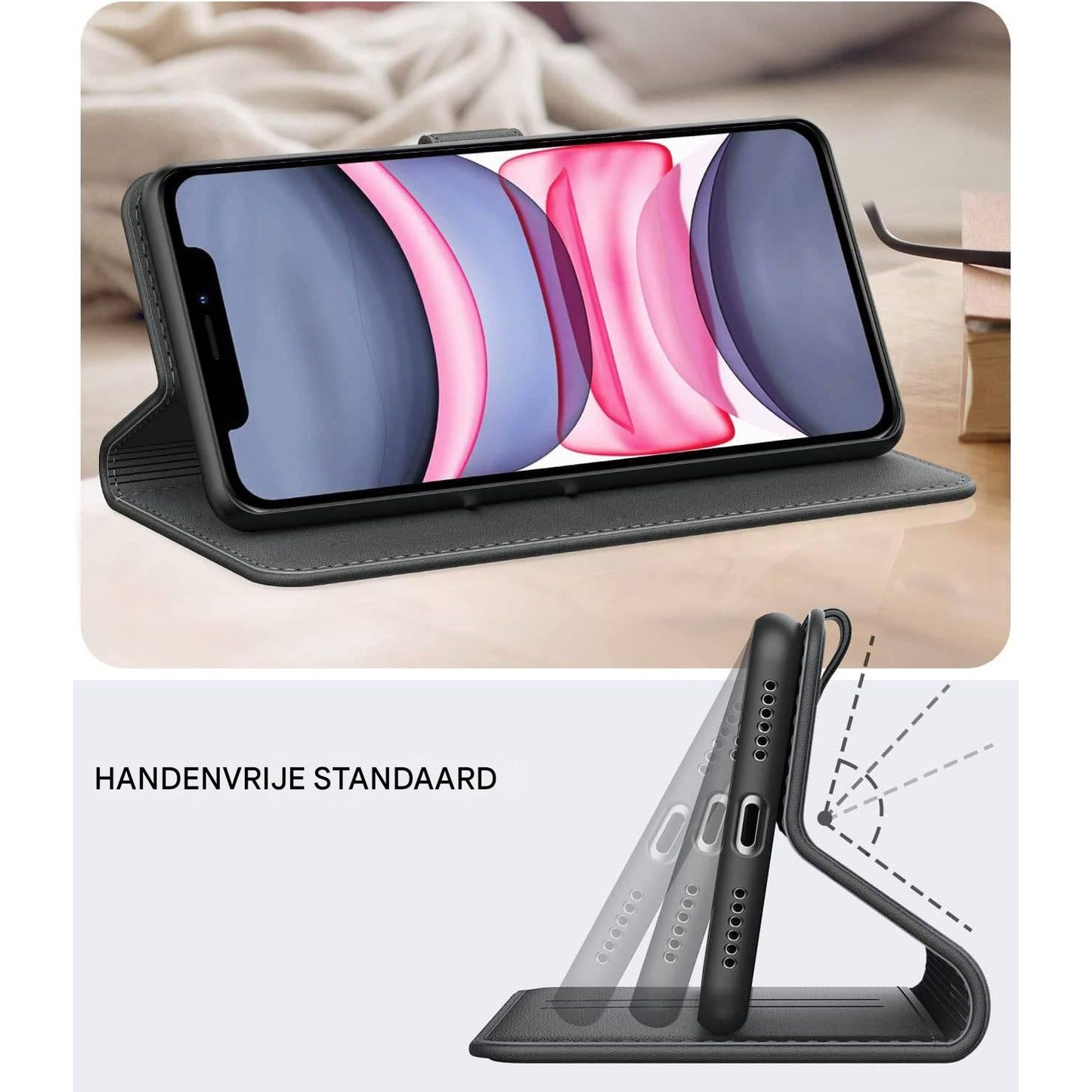 iPhone 11 Flip Hoesje – PU Leren Boekhoesje – Magnetische Sluiting – Wallet Case met Kaarthouder – Telefoonstandaard – Luxe Mat Zwart