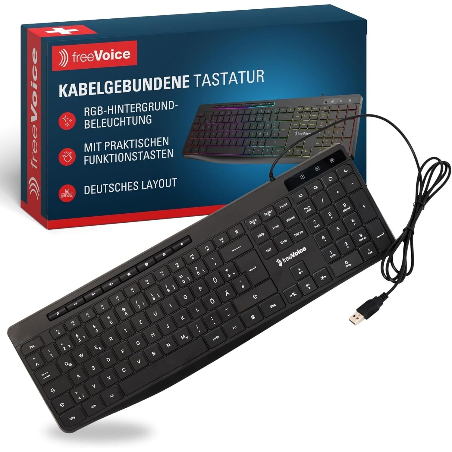 freeVoice toetsenbord met kabel – RGB verlicht USB-A keyboard – QWERTY pc toetsenbord – compacte bedrade computer keyboard – plug and play toetsenbord – verlichte toetsen – geschikt voor laptop en desktop – 442 x 200 x 29 mm