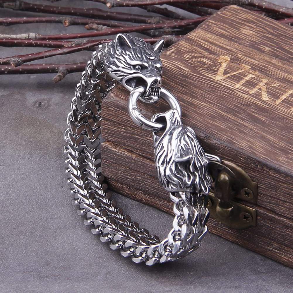 Heren Armband – Wolfskop Cuff – Geri en Freki Viking Stijl – Massief Roestvrij Staal – Punk Biker Design – 12 mm Breed – Verkrijgbaar in 19 cm, 21 cm, 23 cm – Hypoallergeen en Handgemaakt – Odin Viking Amulet Sieraad