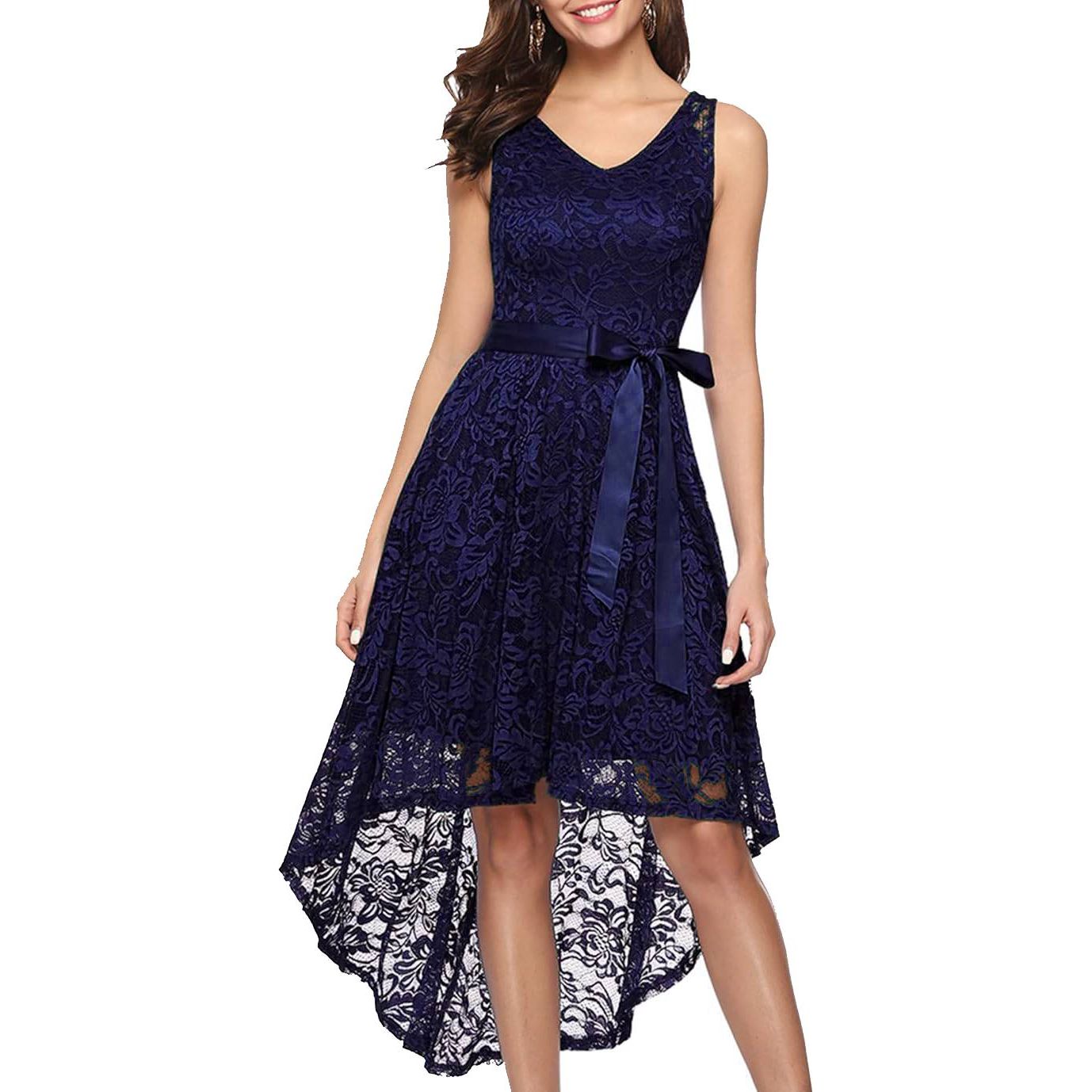Elegante BeryLove Hoog-Laag Cocktailjurk Voor Dames – V-Hals Mouwloze Bruidsmeisjesjurk Met Kant En Afneembare Ceintuur – A-Lijn Jurk Tot Knie/Enkel – Voor Bruiloft, Feest, Prom, Gala Of Speciale Gelegenheden – Lichtgewicht En Comfortabel