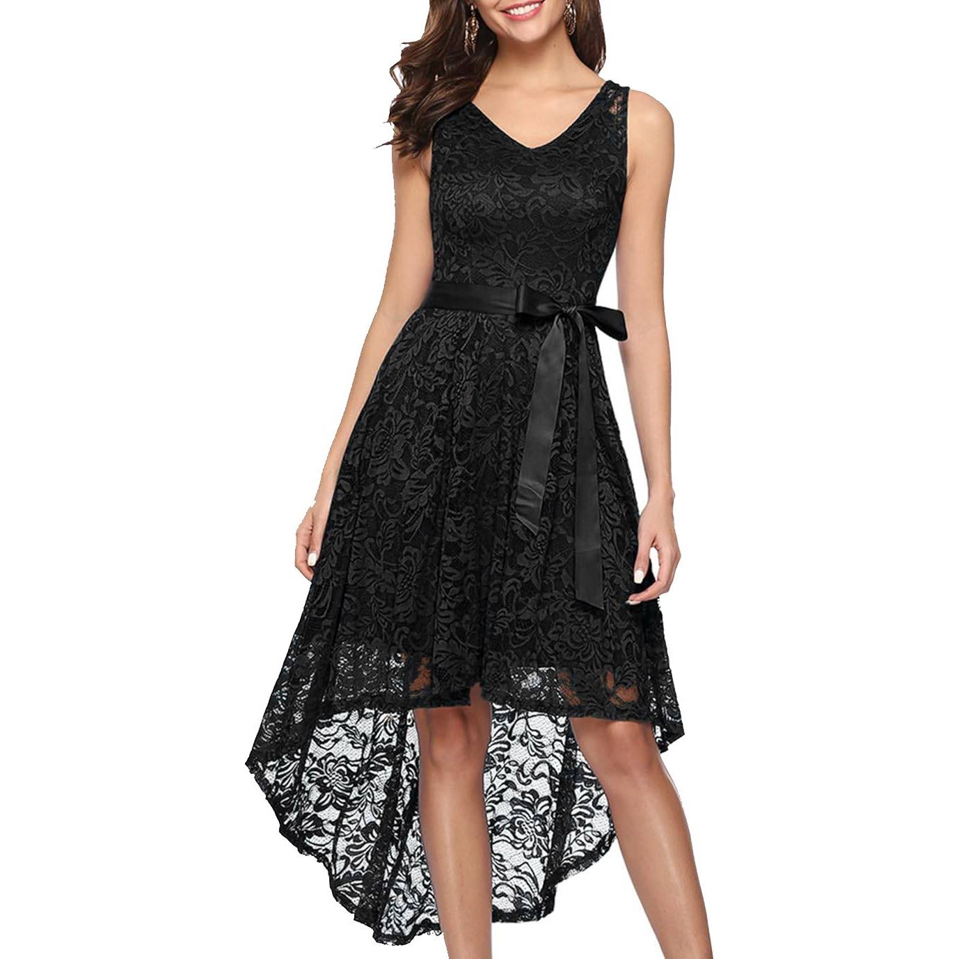 Cocktailjurk Voor Dames – Maat S – V-Hals Hoog-Laag Jurk Met Kant En A-Lijn Snit – Elegante Mouwloze Jurk Met Verwijderbare Ceintuur – Knielengte Vooraan En Enkellengte Achteraan – Perfect Voor Feest, Bruiloft, Prom, Avond Of Galagelegenheden