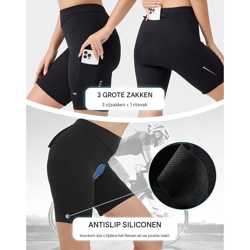 Dames Fietsbroek Met 6D Padding - Maat M - Sneldrogende Elastische Fietsshort Met Zakken - Ademend Nylon en Elastaan - Anti-slip en Schokabsorberend - Geschikt Voor Wielrennen en Mountainbiken - Reflecterende Veiligheidsdetails