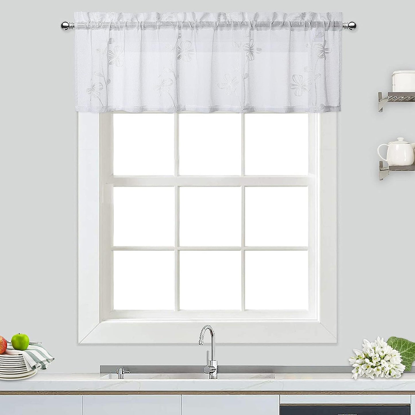 2-Pack Luxe Witte Valance - Semi-Transparante Raamdecoratie met Bloemenontwerp - Polyester Gordijn Voor Keuken & Badkamer - Stijlvolle Raamafwerking - Lichte & Elegante Raambekleding