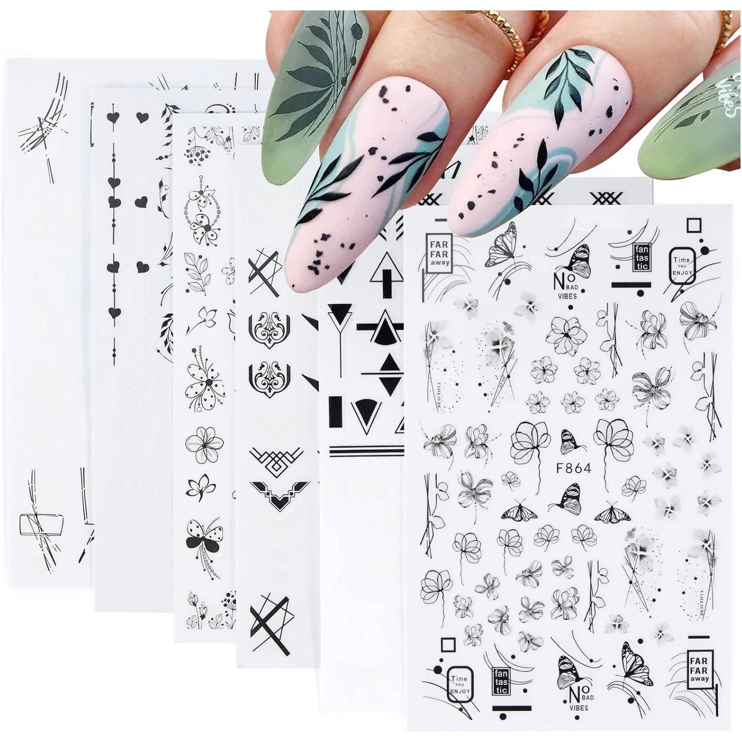 6 Vellen Nagelstickers - Zelfklevende Nail Art Stickers Met Bloemen En Vlinderpatroon - DIY Nagel Decals - Lichtgewicht Waterproof - Elegante Nagelversiering Voor Vrouwen En Meisjes - Botanisch Thema - ChouchouClip Stijl
