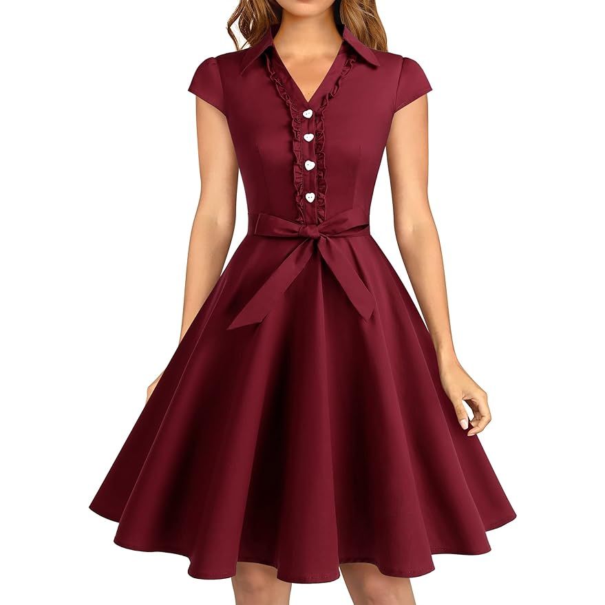 1950s Retro Swing Jurk voor Dames – Vintage Rockabilly Cocktailjurk – Met Capmouwtjes, V-Hals en Verwijderbare Riem – A-lijn Silhouet – Knielang – Perfect Voor Feestjes, Bruiloften, Proms en Themafeesten