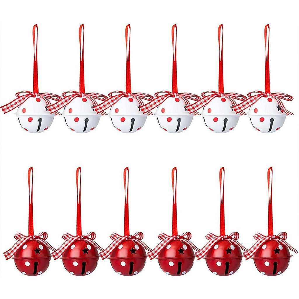 Kerstboom Bellen - Metalen Kerstbellen met Linten - Decoratieve Kerstversiering - Set van 12 - Rode en Witte
