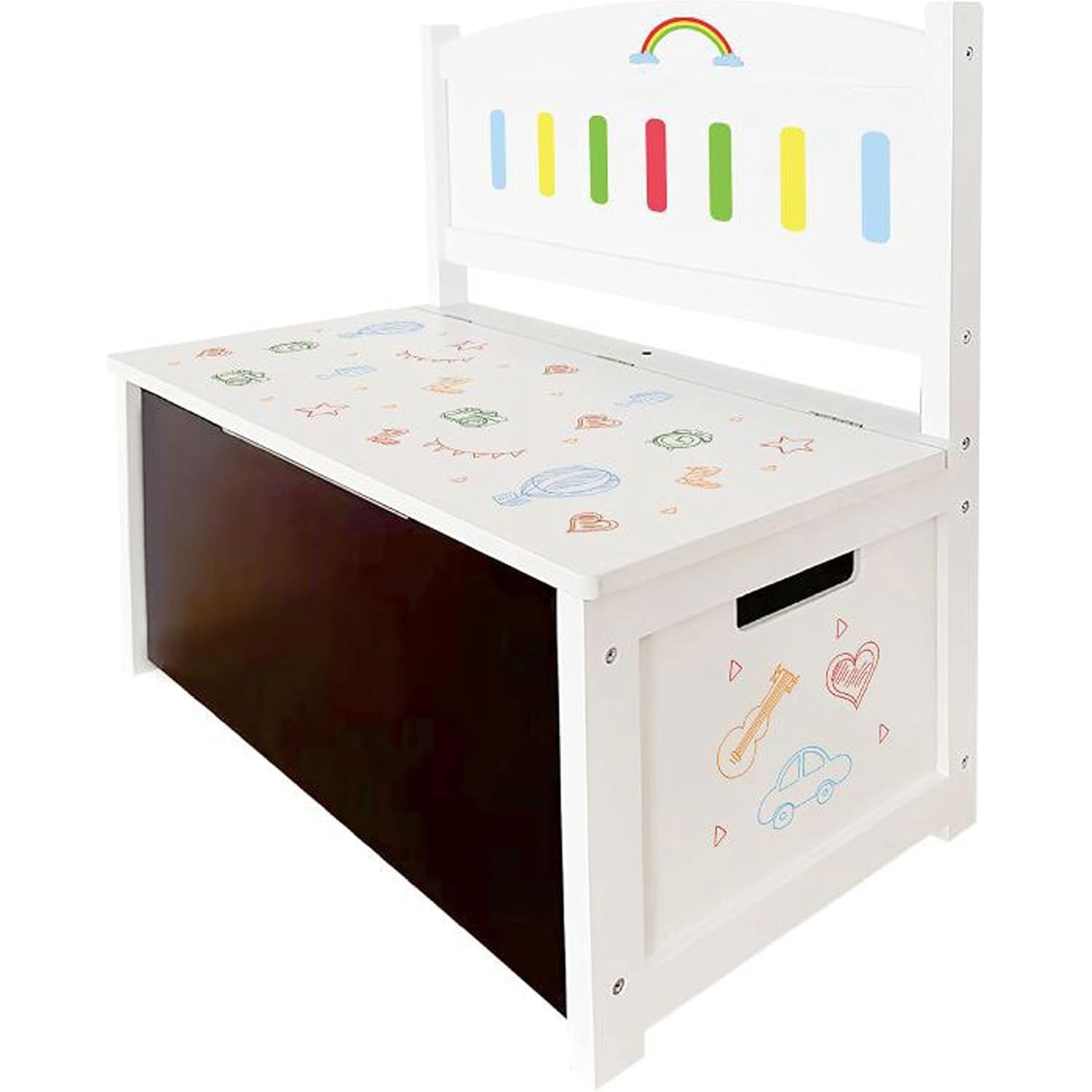 Spielmaus Houten 3-in-1 Kinderbank – Zitbank met Opbergruimte en Schoolbord – Speelbank voor Kinderen – Inclusief Krijt en Spons – Wit – 60x31,6x55,6 cm – Max. Draagvermogen 50 kg