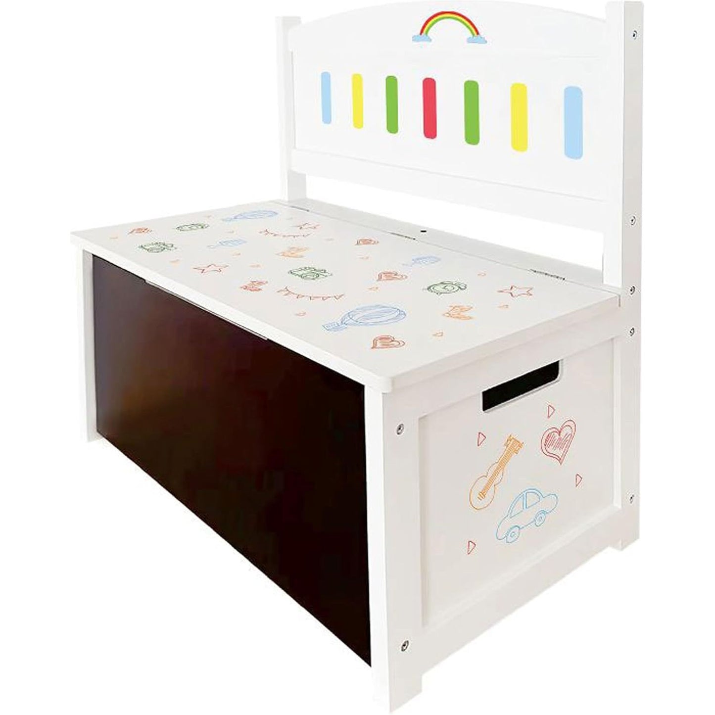 Spielmaus Houten 3-in-1 Kinderbank – Zitbank met Opbergruimte en Schoolbord – Speelbank voor Kinderen – Inclusief Krijt en Spons – Wit – 60x31,6x55,6 cm – Max. Draagvermogen 50 kg