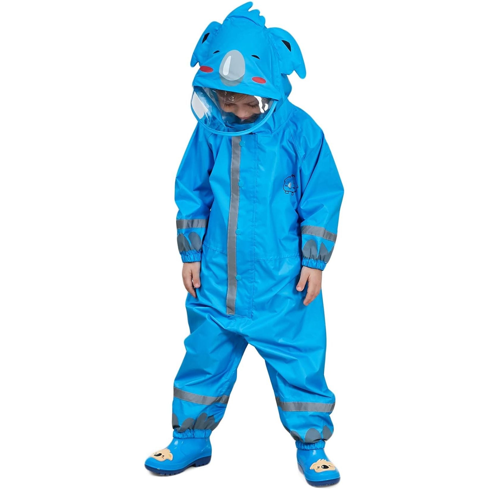 Schattige Kinder Regenpak - Koala Blauw - Waterdicht Ademend Regenoverall - All-in-One Puddle Suit - Met Capuchon en Reflector - Lichtgewicht PVC Transparante Rand - Voor Meisjes en Jongens - Blauw - Maat 7-10 Jaar