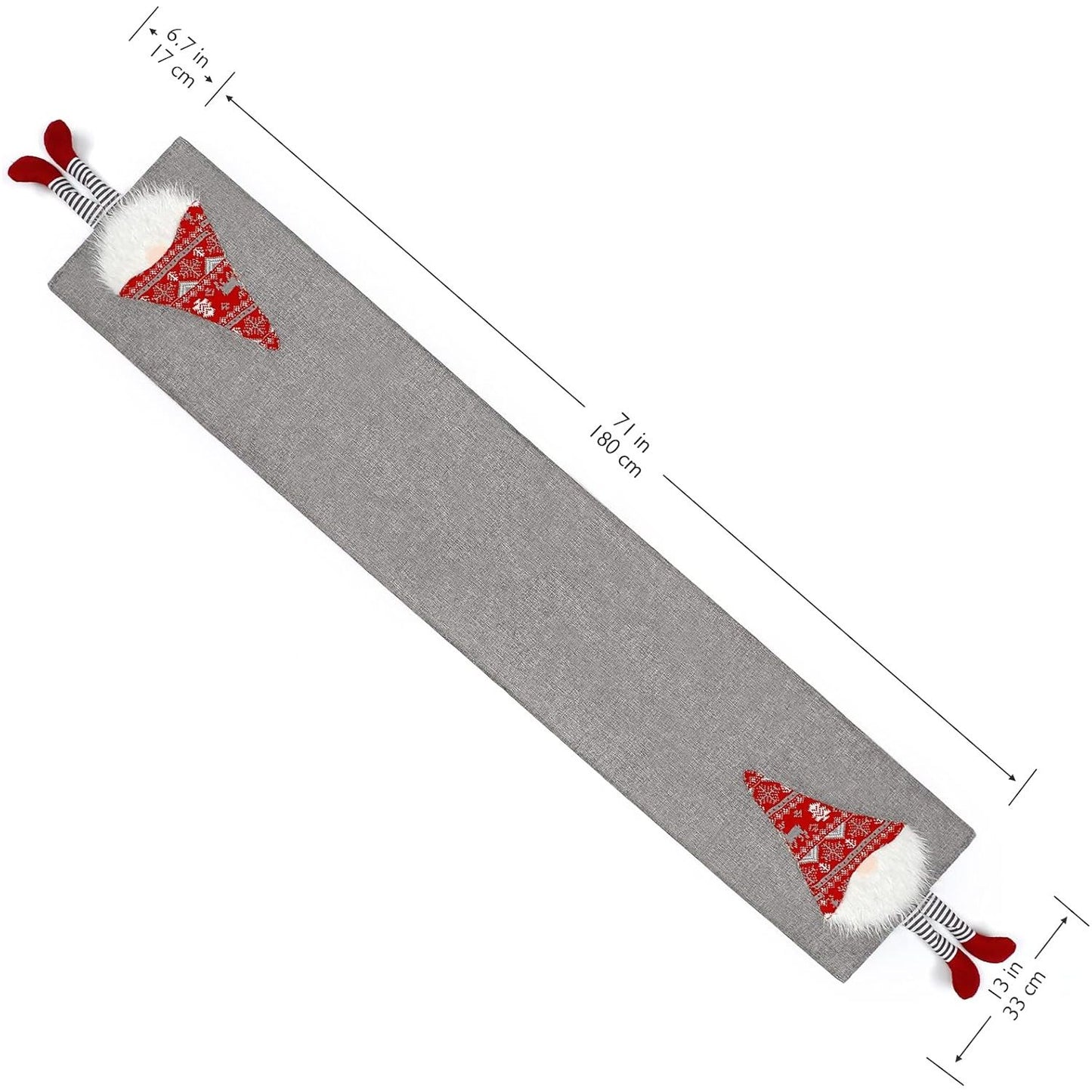 Kerst Tafelloper - 33x180 cm - Grijze Tafelloper met Kerstman Kabouters 3D Design - Katoen Linnen - Duurzaam en Rustiek - Perfect voor Kerstdecoratie en Feestelijke Tafels