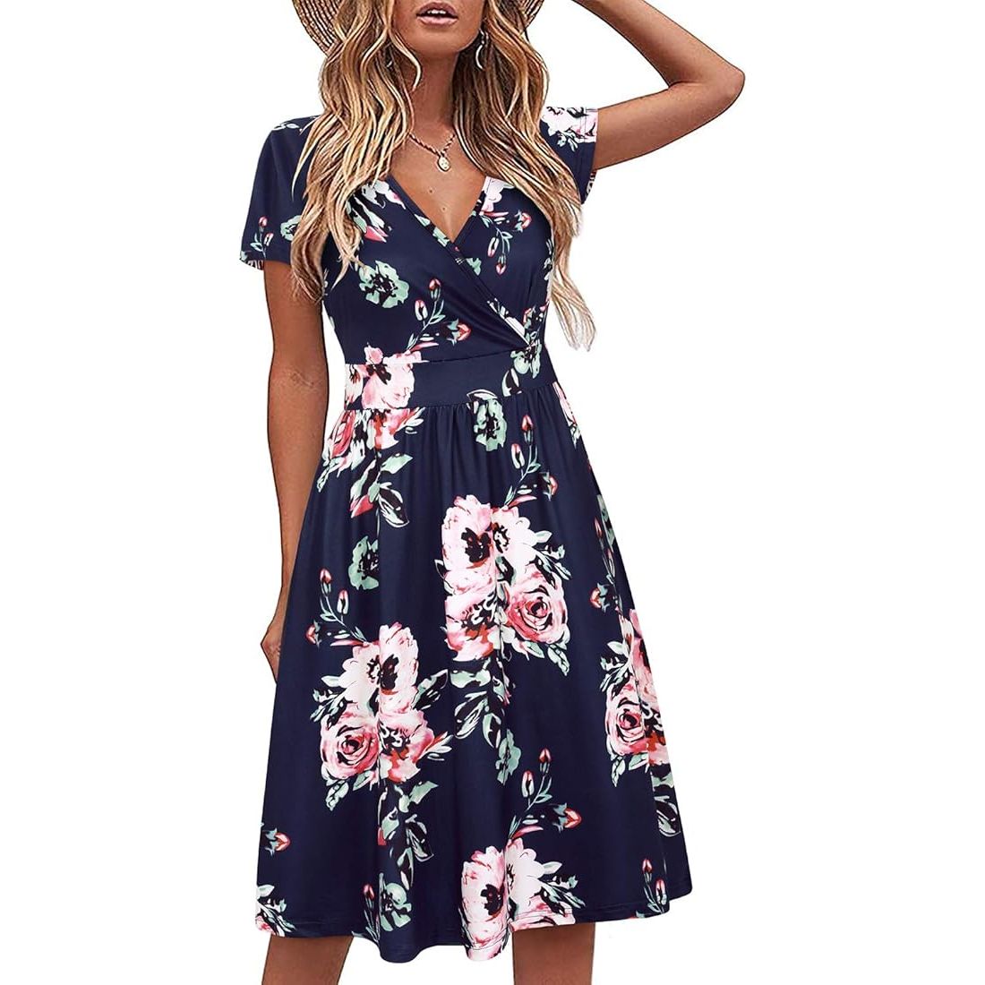 VOTEPRETTY Dames Zomerjurk XL Marineblauw - Korte Mouwen - Elegante Zomerjurk - Casual Damesjurk - Ademend Katoen - Comfortabele Pasvorm - Stijlvolle Kleding - Lichtgewicht Jurk - Perfect voor Zomerse Dagen - Modieuze Dameskleding - Zomerse Mode