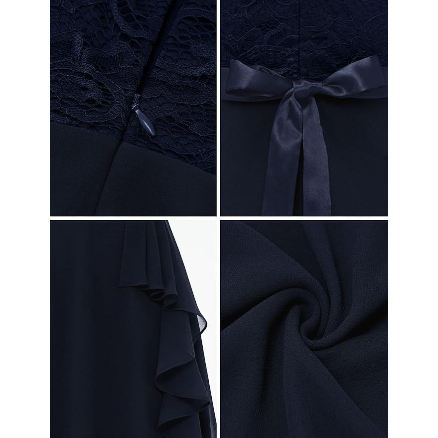 Elegante Cocktailjurk Voor Dames - Maat S – Knie-Lange A-Lijn Jurk – Mouwloos Met Ronde Hals – Chiffon En Kant Jurk Met Strik – Ruches Zoom – Perfect Voor Bruiloften, Feestjes En Avondgelegenheden