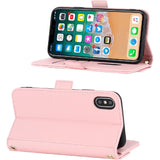 Veelzijdige portemonnee voor iPhone Xs/iPhone X hoesje met verstelbare nekband - Creditcardhouder - 5.8" - PU lederen handtas portemonnee - Staande spiegel make-up hoesje met houder - Voor mannen vrouwen meisjes - Roze