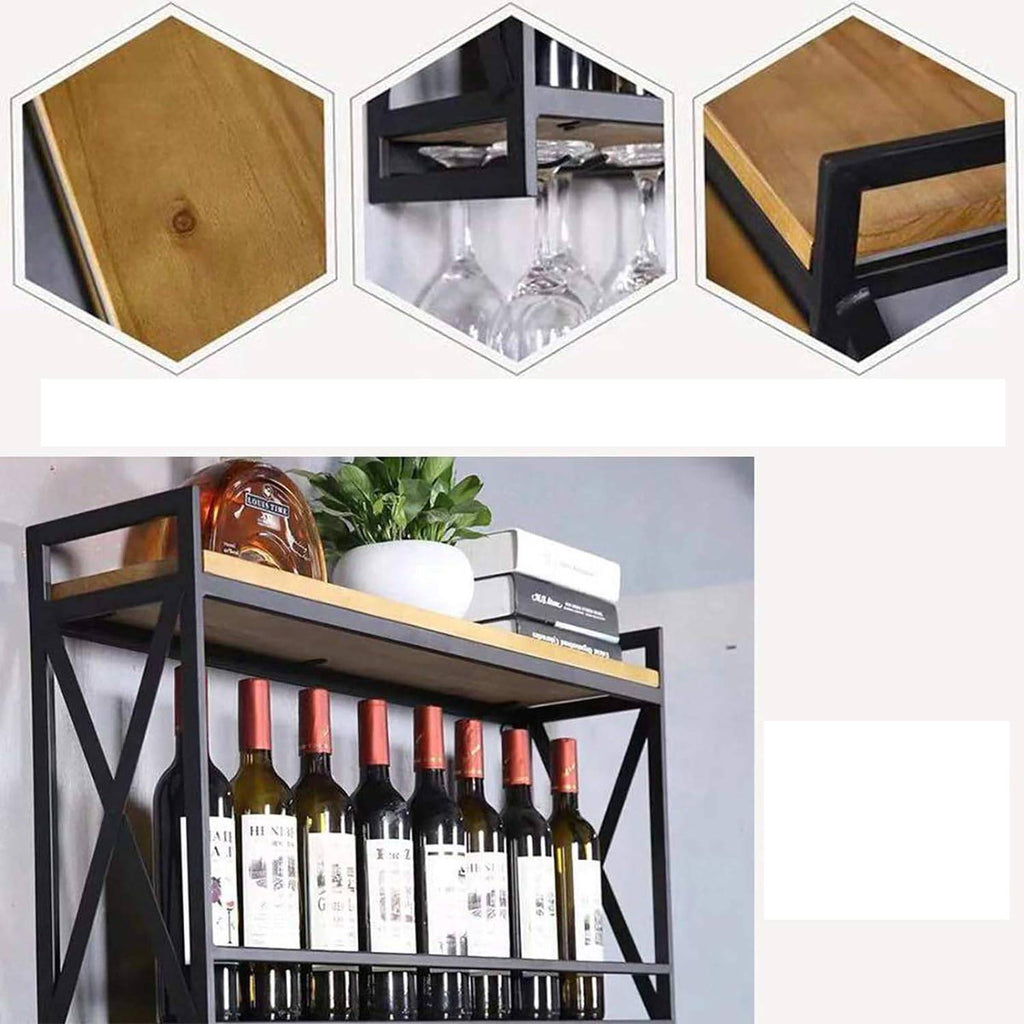 Industriële Stijl Metalen Wijnrek - Wandbevestiging, Wijn- en Glashouder, Zwart IJzer met Houten Planken, 60x20x53 cm