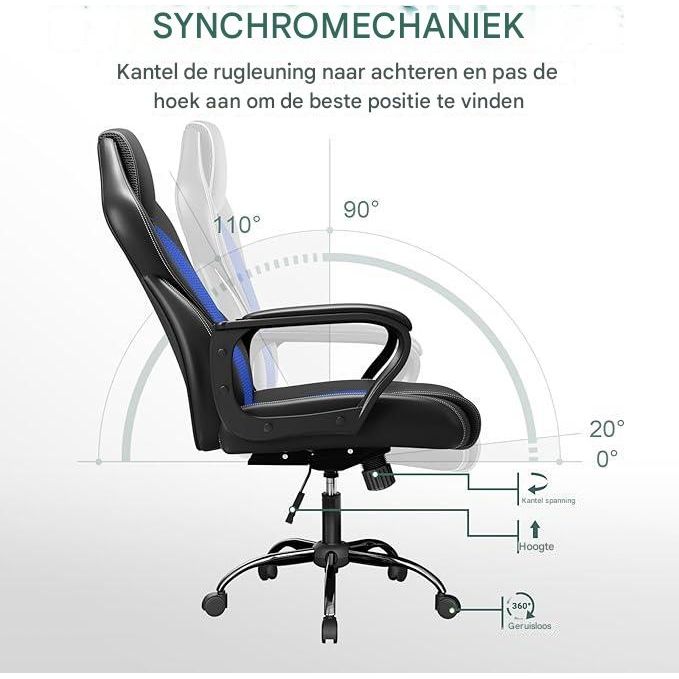 Ergonomische Gaming Stoel - Bureaustoel met Hoofdsteun en Armleuningen - Racingstoel voor Kantoor en Thuis - Verstelbare Rugleuning en Zithoogte - Comfortabele en Stabiele Computerstoel - Bureaustoel - Zwart en Blauw