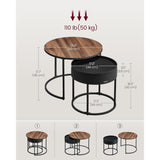 2 Stuks – Ronde Salontafelset Met Opbergruimte – VASAGLE Bijzettafels In Natuurlijk Walnoot En Inktzwart – Nestbare Tafels Met Verborgen Opbergvak – 60 En 44 cm Diameter – Moderne Woonkamertafels Met Stalen Frame En Opstaande Rand
