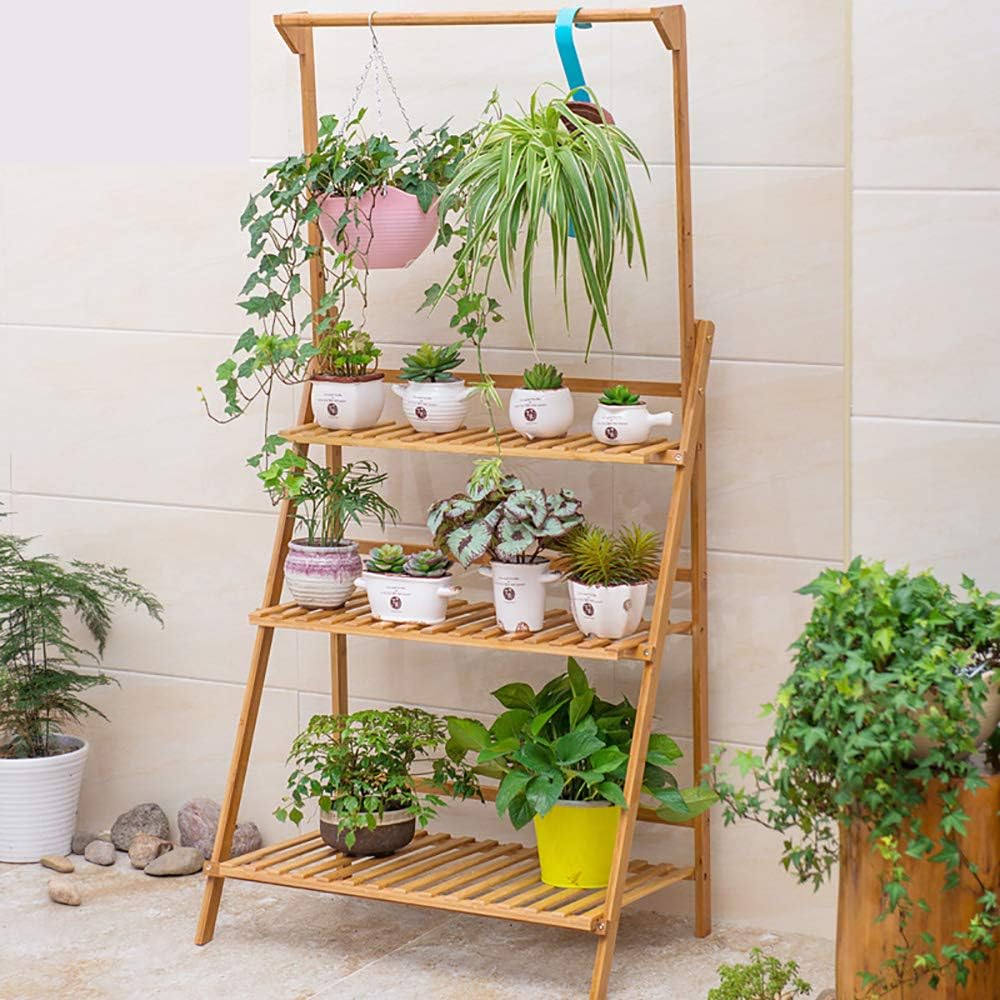Bamboe Plantenrek – 3-Laags Opvouwbare Plantenstandaard – Plantentrap met Ophangrek – Bloementrap voor Binnen & Buiten – Houten Plantenhouder – Decoratief Bloemenrek – 100 x 40 x 96 cm – Inclusief Tuingereedschap & Haken – Ruimtebesparend & Stevig