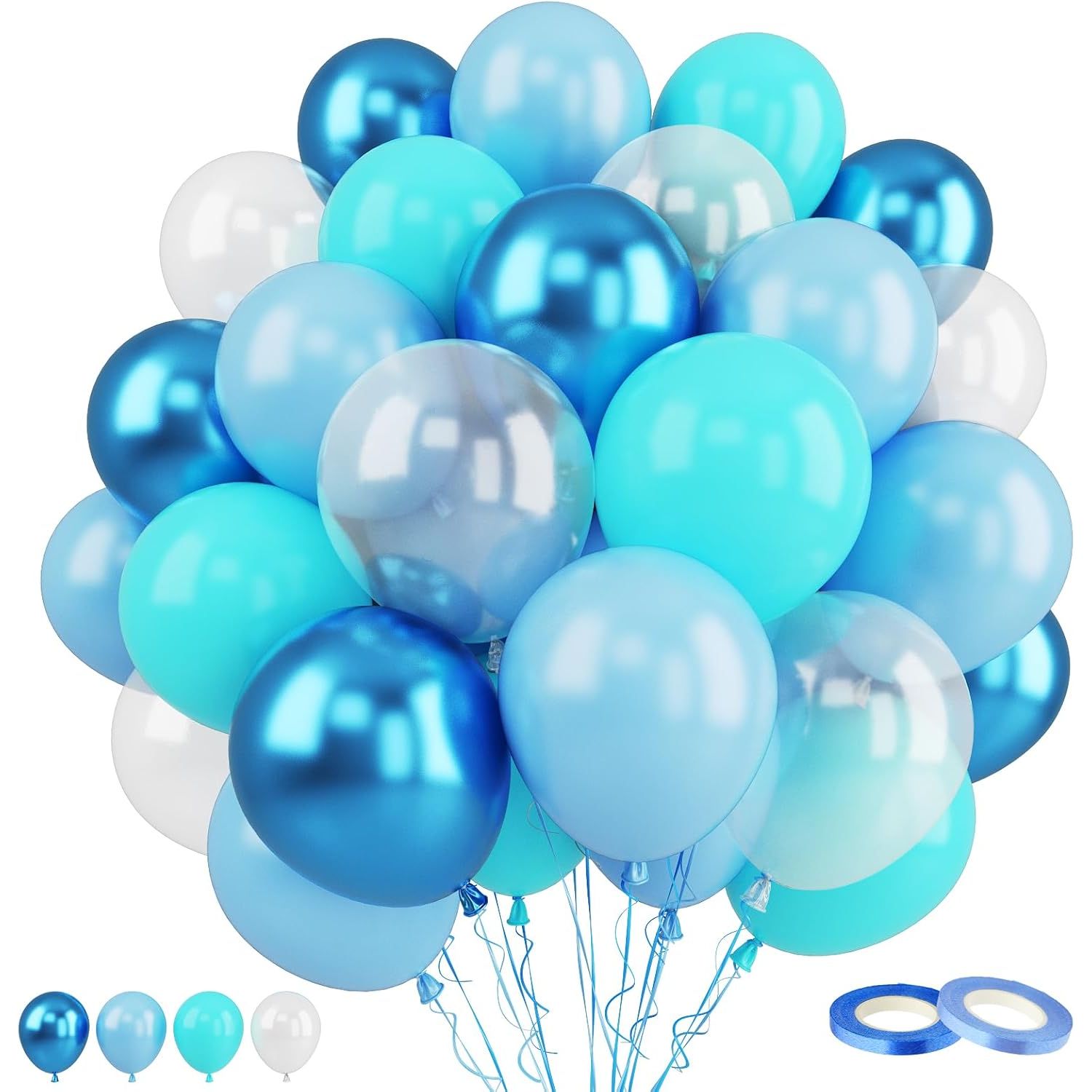 Set van 60 stuks blauwgroene ballonnen - 12 inch ballonnen met oceaanthema met lint - Perfect voor verjaardagen, babyshowers, onderwater- en oceaanfeestdecoraties - Inclusief pastelkleurige, metallic en transparante latexballonnen