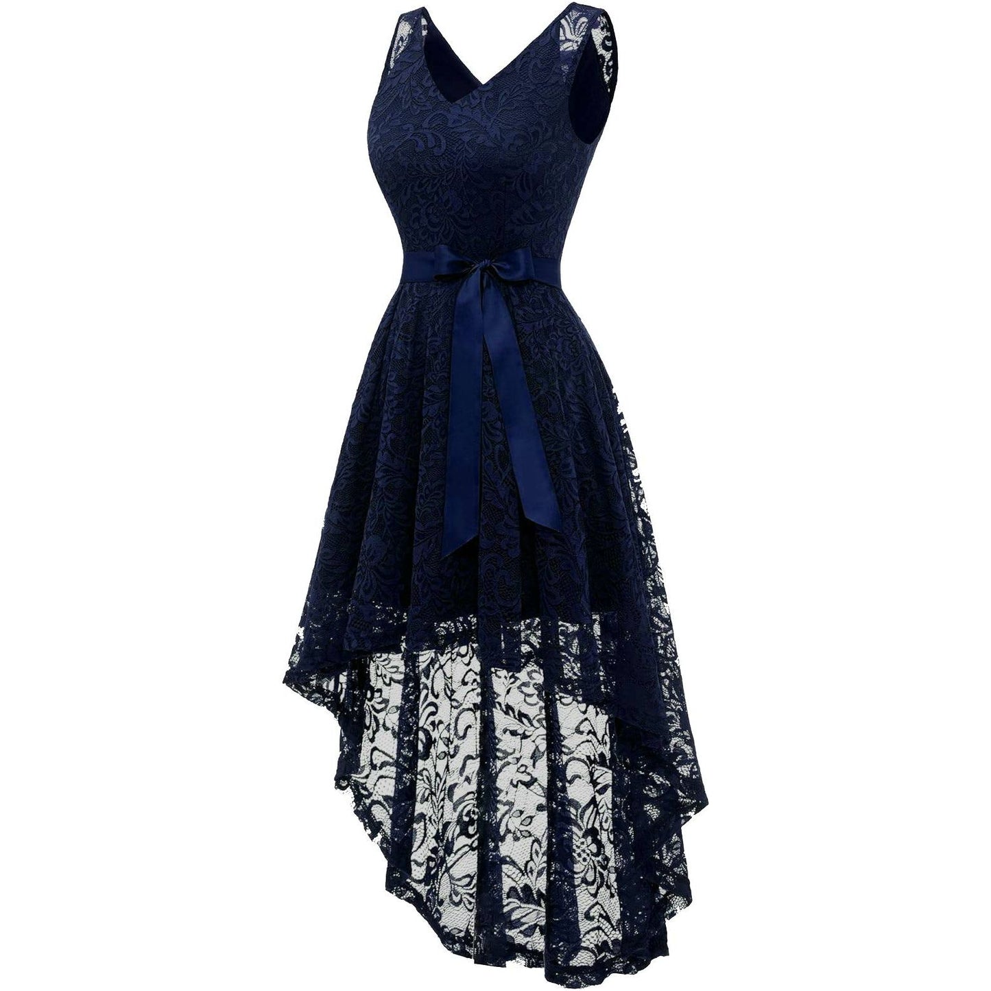 Elegante BeryLove Hoog-Laag Cocktailjurk Voor Dames – V-Hals Mouwloze Bruidsmeisjesjurk Met Kant En Afneembare Ceintuur – A-Lijn Jurk Tot Knie/Enkel – Voor Bruiloft, Feest, Prom, Gala Of Speciale Gelegenheden – Lichtgewicht En Comfortabel