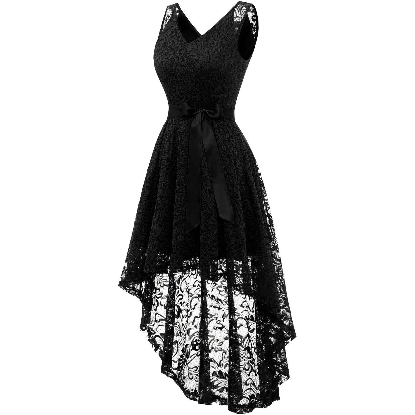 Cocktailjurk Voor Dames – Maat S – V-Hals Hoog-Laag Jurk Met Kant En A-Lijn Snit – Elegante Mouwloze Jurk Met Verwijderbare Ceintuur – Knielengte Vooraan En Enkellengte Achteraan – Perfect Voor Feest, Bruiloft, Prom, Avond Of Galagelegenheden