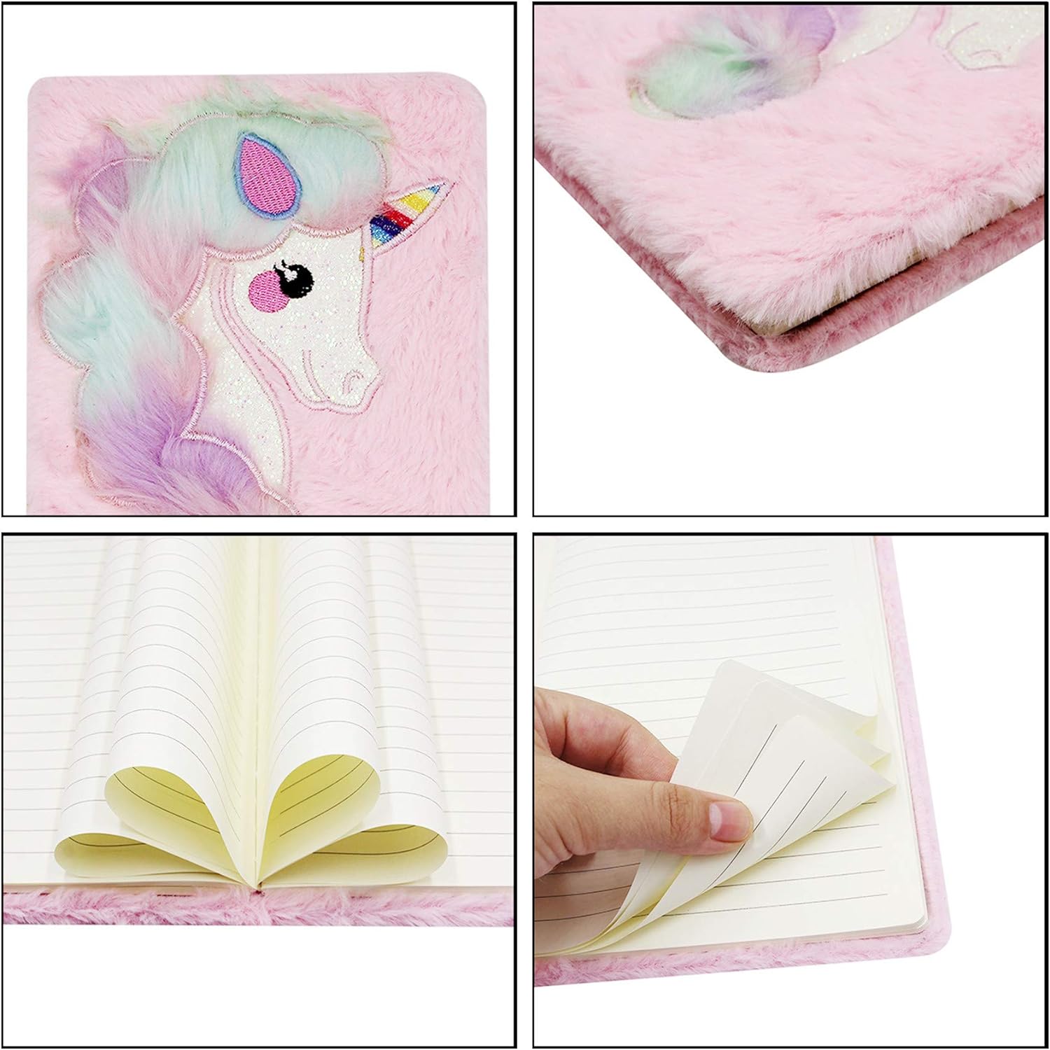 4 Delig - Pluizig Eenhoorn Dagboek Set - A5 Gelinieerd Notitieboek met Regenboog Pailletten Cover, Eenhoorn Pen, Sleutelhanger & Etui - Ideaal voor Kinderen