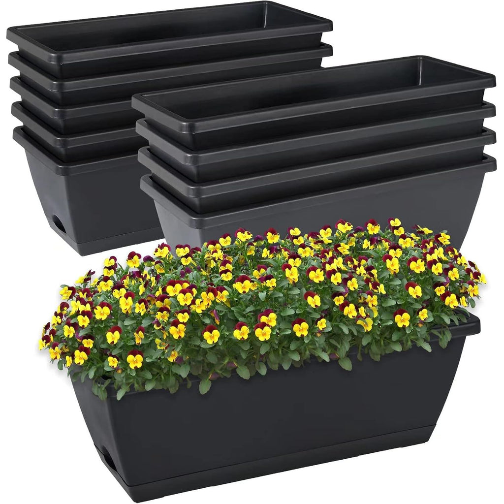 Set van Grote 10 Rechthoekige Bloembakken met Schotels – 50 x 19 x 15 cm | Kunststof Plantenbakken voor Binnen & Buiten – Vensterbank, Tuin, Balkon of Terras (Zwart)