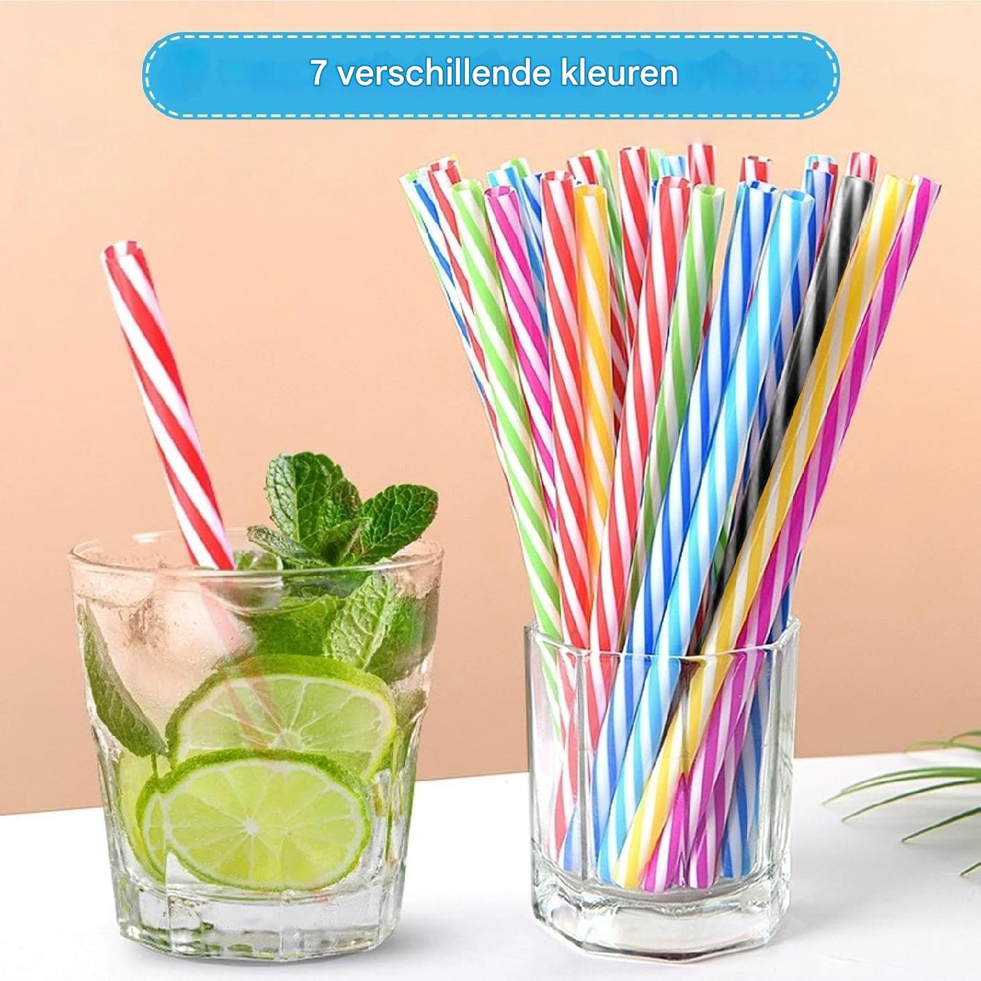 120 Stuks - Herbruikbare Plastic Rietjes - Met Reinigingsborstel - 23 cm Lang - Regenbooggestreept - Geschikt Voor Smoothies, Sap, Cocktails en Warme Dranken - Duurzaam en Afwasmachinebestendig
