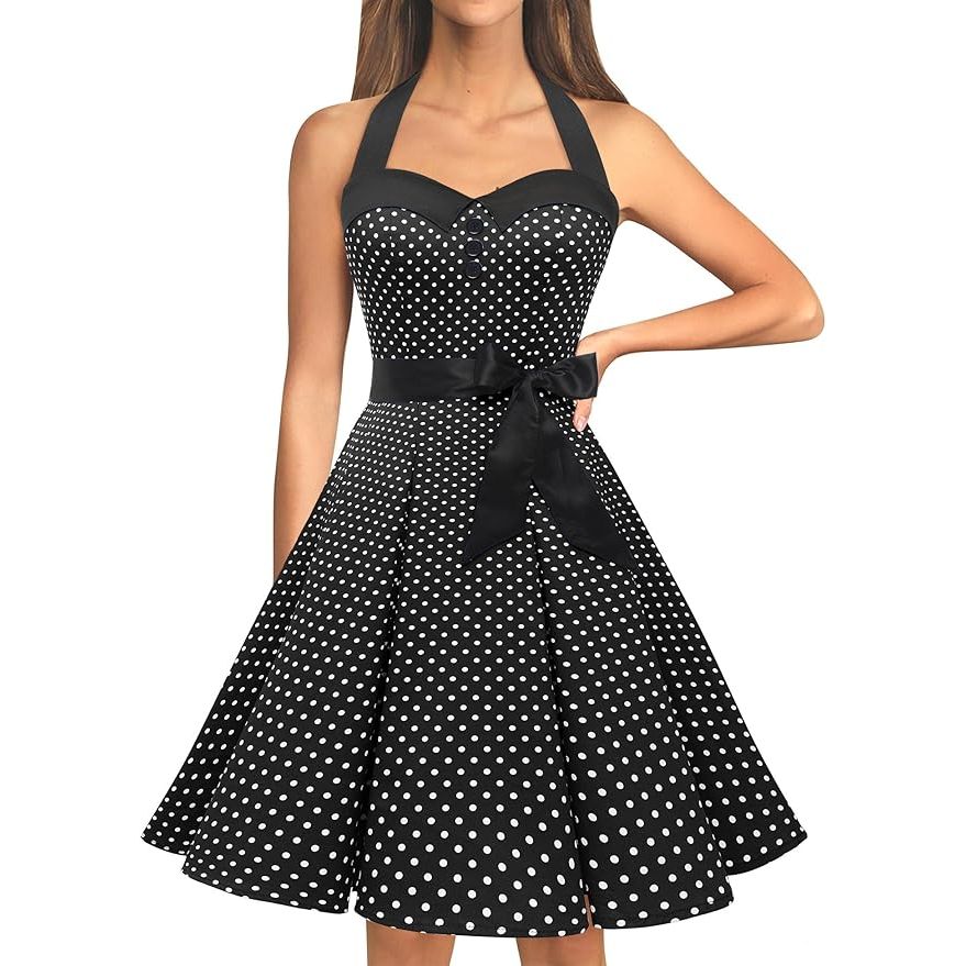 1950s Vintage Polkadot Swing Jurk - Maat L – Retro Cocktailjurk – Halterstijl – Elastische Rug Met Bandage en Verborgen Ritssluiting – Knielang – Perfect Voor Bruiloften, Proms, Feestjes en Thema-evenementen